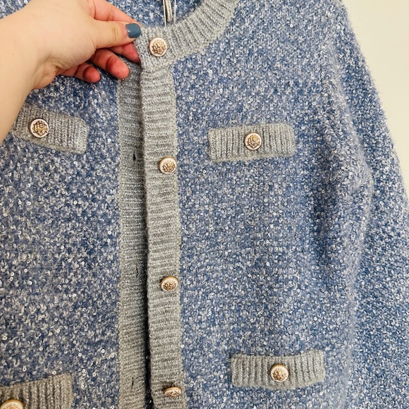 Maje Light Blue Tweed Sequin Cardigan Jacket Size 2 NWT - Picture 9 of 14